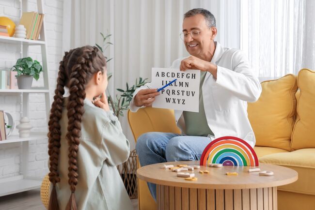 speech therapist working with little girl in office
